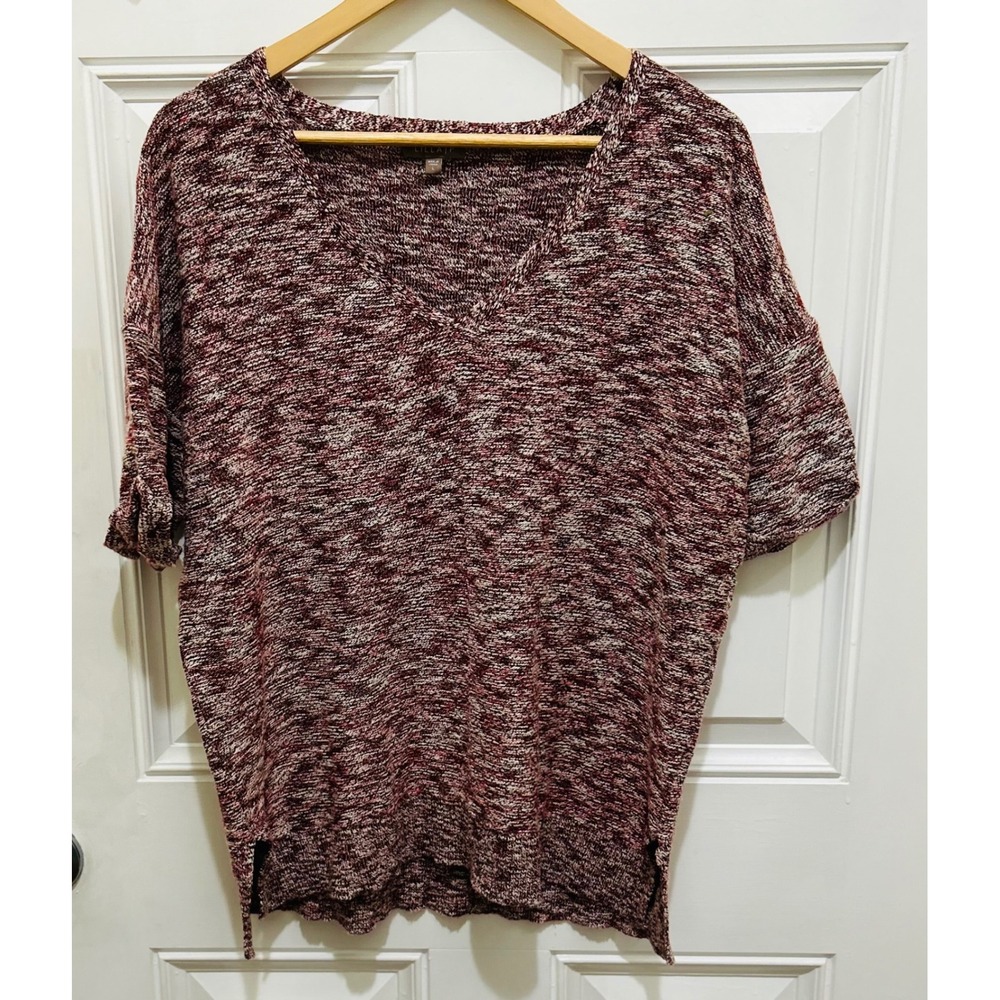 Lilla P Women's Size L Marled‎ Red White Short Sleeve V Neck Knit Sweater Top
